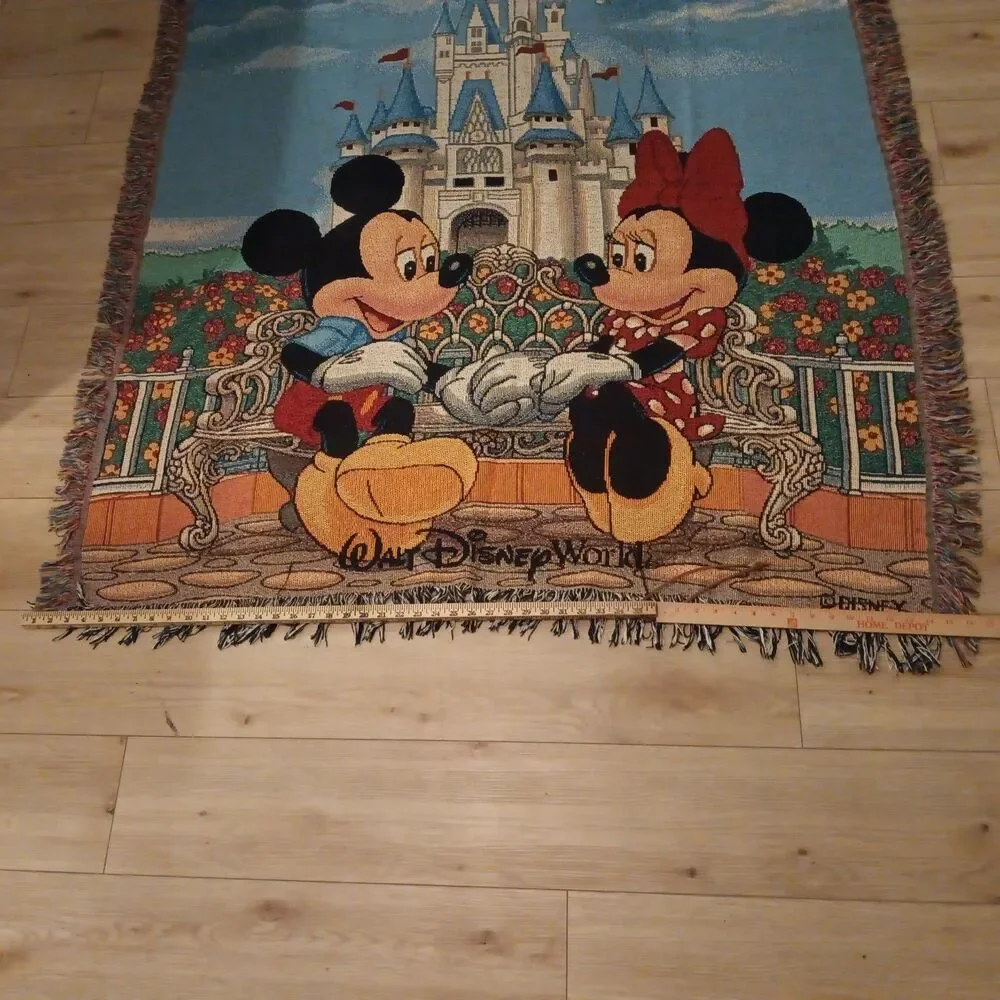Vintage Walt Disney World Mickey Minnie Mouse Woven Tapestry Blanket 50x60